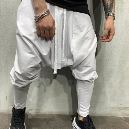 Men's Black Dropped Crotch Harem Pants Streetwear Hip Hop Drawstring Casual Trousers Slim Fit Elastic Ankle Joggers Black