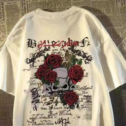 2025 New pure cotton American retro skull print T-shirt with round neck and short sleeve women's summer European and American tops