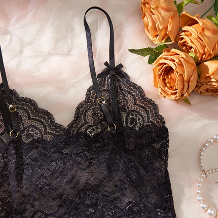 Women Black Open-Back Lace Two-Piece Panties Underwear Sleep Set