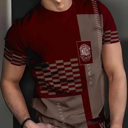 Men’s Summer Plaid Striped T-Shirt – Beige & Gray Color Block, Slim Fit Casual Crew Neck Tee for Daily Wear