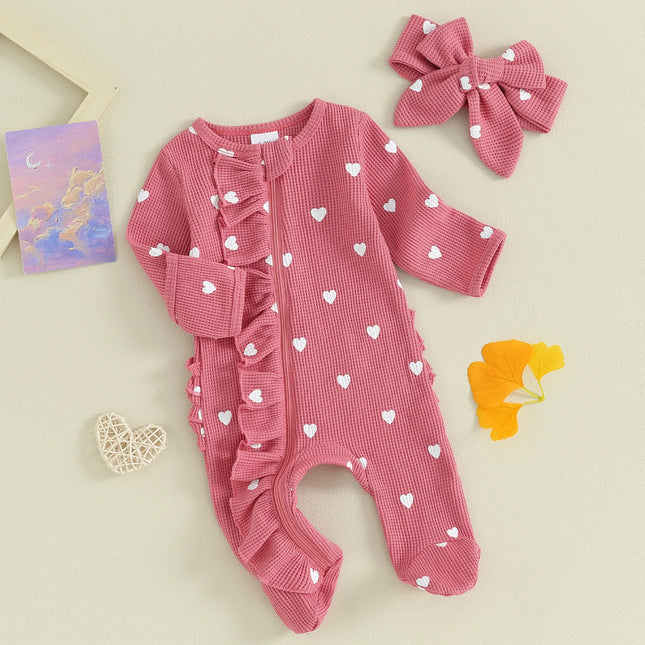 Pudcoco Baby Girls Valentine's Day Foot Cover Jumpsuit Long Sleeve Crew Neck Heart Print Ruffle Zipper Footies with Headband 0-6M