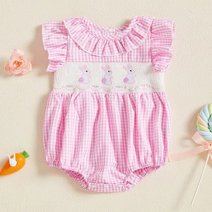 My First Easter Baby Girl Outfit Infant Plaid Bubble Romper Easter Bunny Embroidery Jumpsuit Cute Spring Clothes