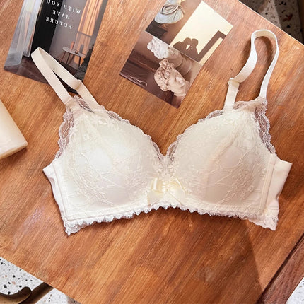 Wireless French Bralette for Small Chest, No Adjustable Push Up Lace Bra Set, Comfort Sexy Non Padded Lingerie for Women MOYISU