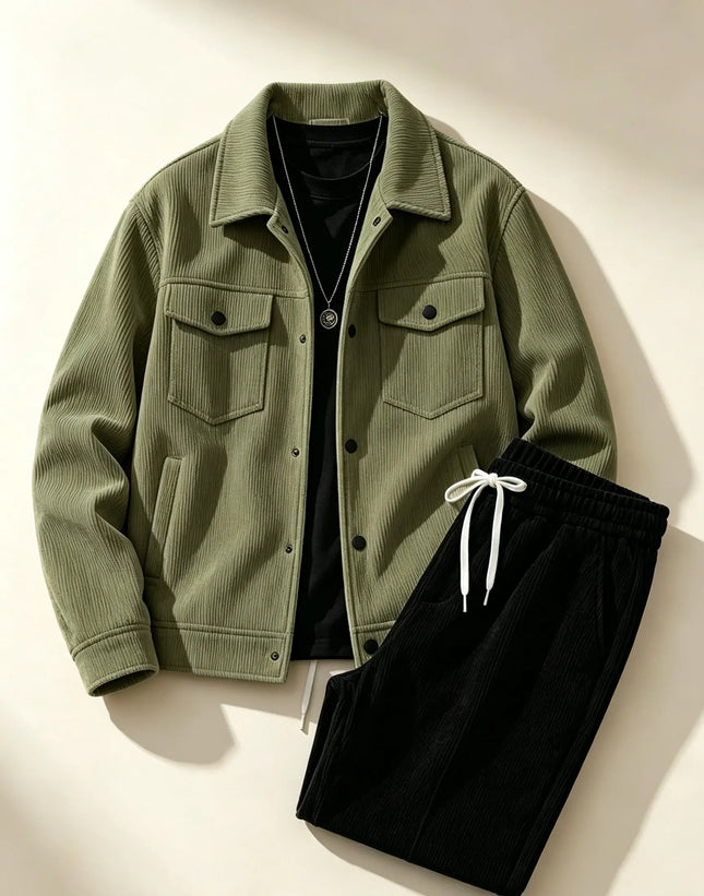 Men's Corduroy Jacket And Pants Set Solid Color Fashionable Casual Outfit for Shopping Spring/Autumn Wear