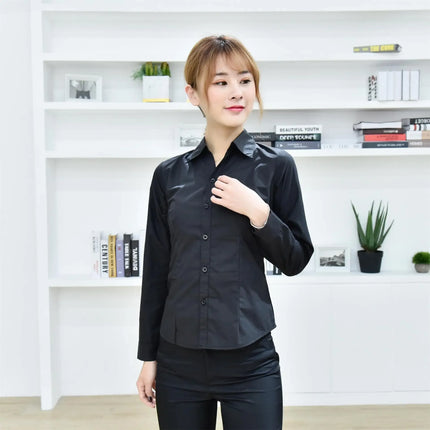 Black Long Sleeve Women's Shirt Professional Formal V-neck Workwear Slim Fit Cotton Work Uniform Button-up Casual Shirt