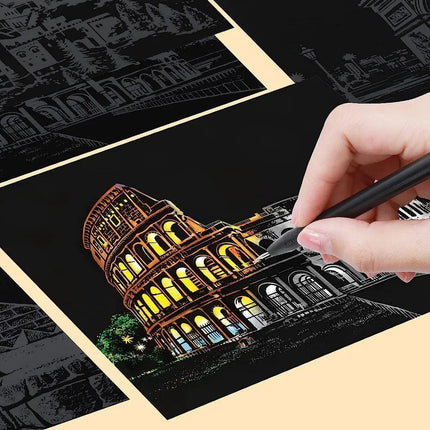 DIY 4Pcs Night Scene Art Scratch Painting Toys City Building Landscape  Educational Toys Birthday Gift Room Decor