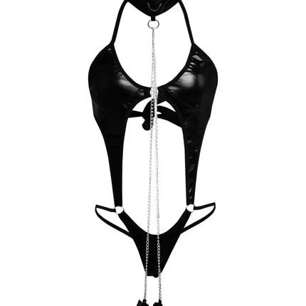 Black PU Leather Hollow Out Backless Halter One-Pieces Bodysuit Women Sexy Lingerie Underwear with Chain Handcuff Set