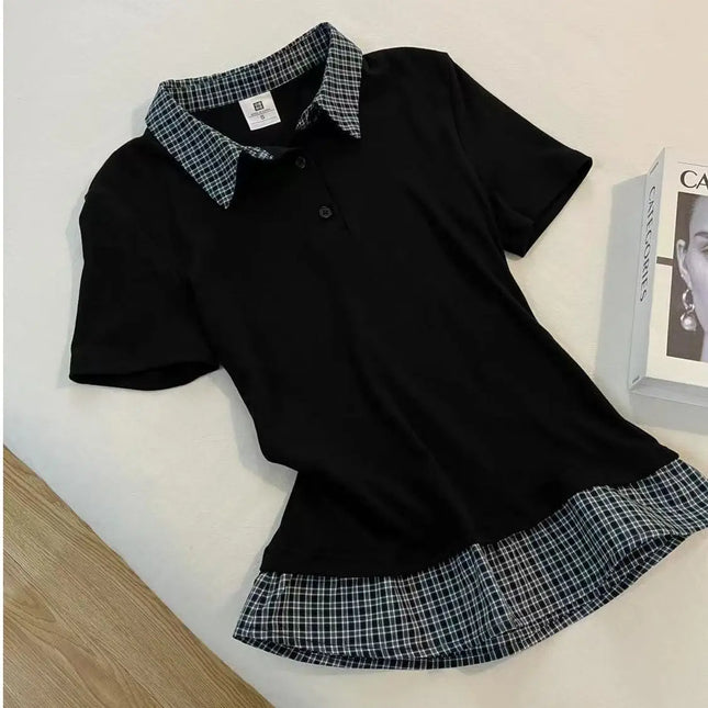 Preppy Style Plaid Splice  Neck Short Sleeve T-Shirt Women Summer Design Unique Fake Two-Piece Shoulder Baring Trendy Top