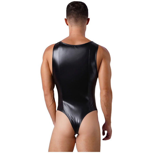 Mens Shiny Metallic Leather Thongs Bodysuit Sleeveless Bulge Pouch Back Zipper One-piece Leotard Jumpsuit for Nightclub Raves