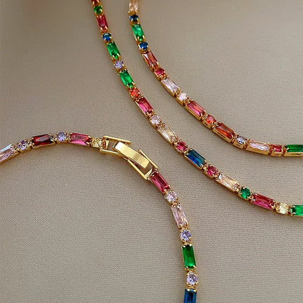 2024 Luxury Design Colorful Zircon Chain Necklace Bracelet Jewelry Sets Korean Fashion Accessories Exquisite Gift for Womens