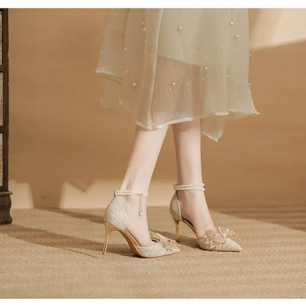 Spring Pointed Toe Party Wedding Shoes for Women, Bride Bow Thick Heel Silver Sequin Fairy Lolita Style Single Shoes