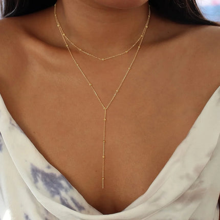 Gold Necklace for Women 14k Gold Plated/Silver Y-Shaped Pendant Necklace Layered Beaded Chain Drop Necklaces For Women Gift