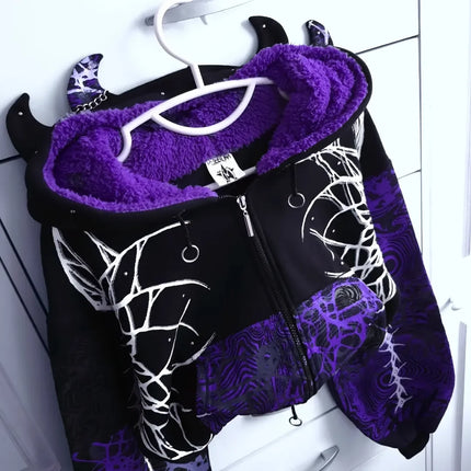 Y2K Grunge Purple Black Lightning Crackle Print Fleece Lined Cropped Zip Up Hoodie Women Hot Girl Oversized Drawstring Sherpa