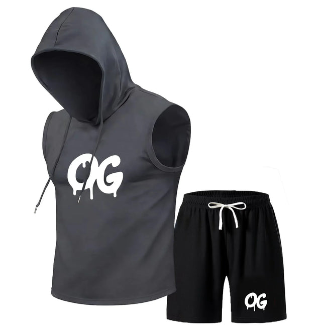 Men's hooded vest set, sleeveless hooded T-shirt, vest and shorts set, summer sports outdoor sports and leisure GO