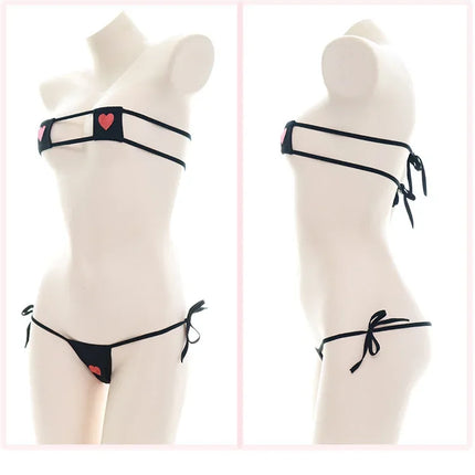 Women Japanese Sexy Lingerie Lolita Kawaii Heart Bandage Anime Cosplay Mini Bikini  Erotic Costume Bra Underwear Set