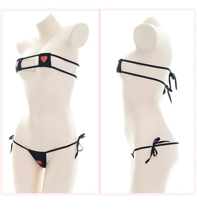 Japanese Women's Sexy Lingerie Lolita Kawaii Heart Bandage Anime Cosplay Mini Bikini Erotic Costume Bra Underwear Set