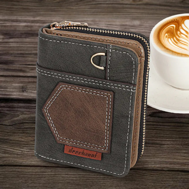 New European American Business Men's Patchwork Bifold Wallet Minimalist Foldable Zipper Slim Dollar Coin Purse