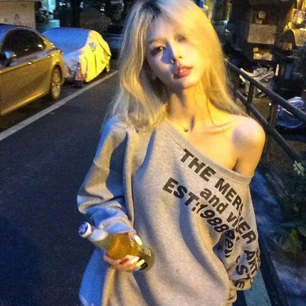 Sexy Oversized T-shirt Women Streetwear Letter Print Skew Collar Off Shoulder Long Sleeve Basic Top Korean Fashion Loose T-shirt