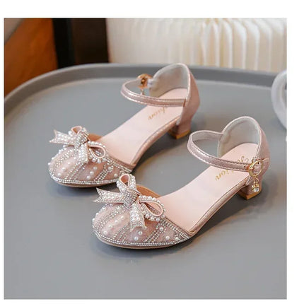 Girls' Bow Sandals Fashion Princess Shoes for Party Wedding 2025 Summer New Kids Rhinestone High Heels Children's Leather Shoes
