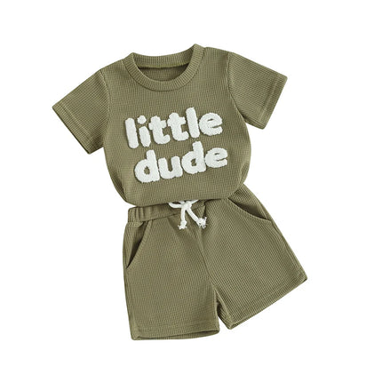 Toddler Boys Summer Outfit Sets Short Sleeve Letter Print Tops Solid Color Drawstring Shorts