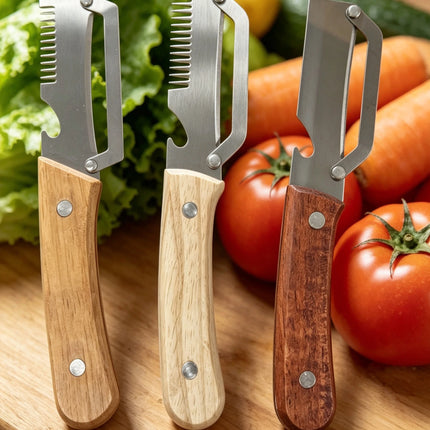 Wooden Handle Stainless Steel Peeler, Multi-Functional Kitchen Gadget for Fruits Vegetables Peeling Slicing, Durable & Smooth