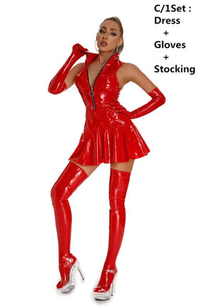 Women Sexy Glossy PVC Leather Slip Dress Lady Erotic Shaping Pleated Short Dress Zipper Porn Breast Exposing Latex Mini Dress
