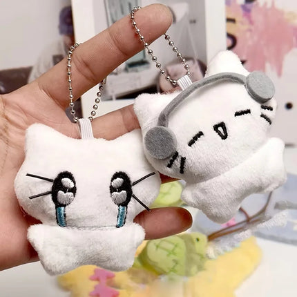 Cute Headphones Kitten Couple Keychain Mini Crying Cat Doll Plush Keyring Cartoon Bag Pendant Charms Backpack Decoration A19
