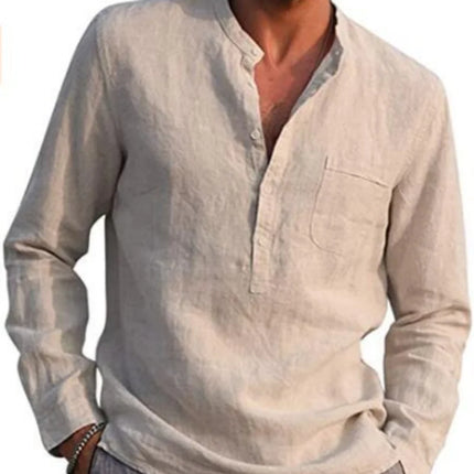 Men's Linen Long Sleeve Shirt - Stand Collar, Button-Front, Single Chest Pocket Casual Tops for Spring Summer