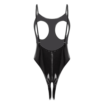 Women's Glossy Cutout Bodysuit Nightwear Hollow-out Cup Crotchless Spaghetti Straps Leotard for Rave Party Roleplay Lingerie