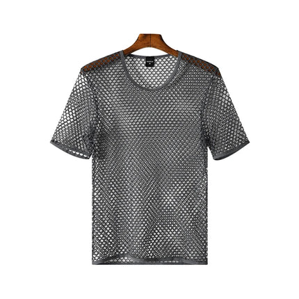 Mens Mesh See Through T Shirt Ice Cool Breathable Fishnet Hollow Out Short Sleeve