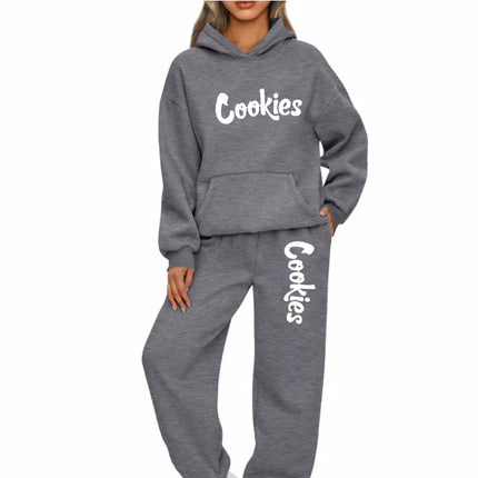 Women Hoodies Two Piece Sets Cookies Printing Hooded Sweatshirt Sweatpants Casual Suit Female Outwear and Trousers