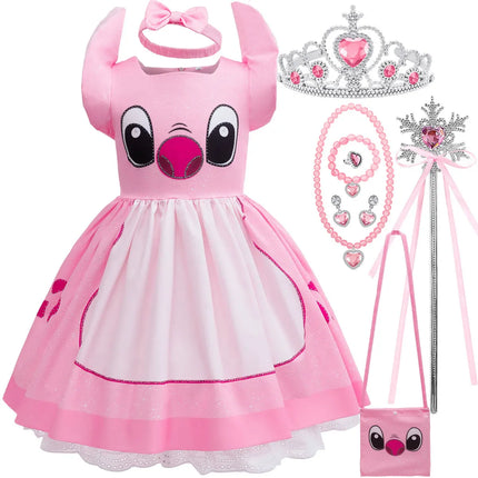 2026 New Disney Movie Lilo & Stitch Girls Cosplay Angel Stitch Pink Cute Princess Cartoon Halloween Carnival Role Play Dress Set