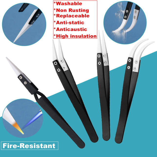 10Pcs Tweezers Set With Bag Ceramic Industrial Electronic ESD Stainless Steel Anti-Static Precision Tweezer Kits Repair Tools