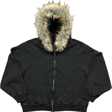 2000s Vintage Therian Fur Hood Jacket Y2k Goth Zip Up Hoodie Oversized Graphic Sweatshirt Emo Grunge Streetwear Fall Winter 2025