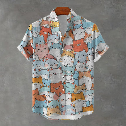 Men's New Short-Sleeved Shirt, Cartoon Cat Print, Hawaiian Style Casual Vacation Lapel Top, Wrinkle-Resistant and Non-Iron.