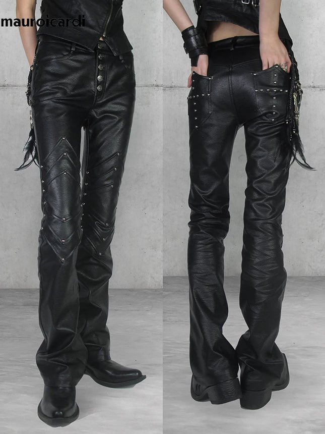 Mauroicardi Spring Autumn Long Black Fitted Pu Leather Pants Man Rivet Luxury Brands Original Alternative Punk Style Clothes