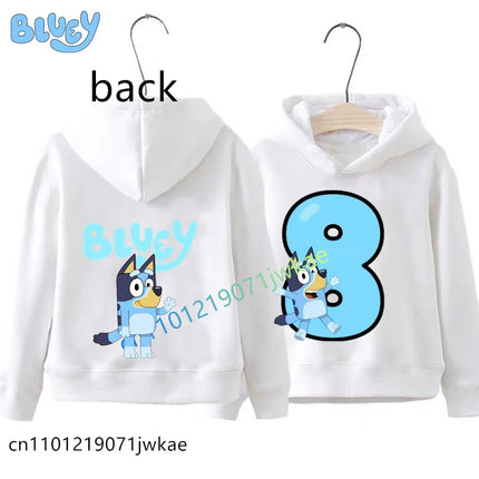 Boys Girls Casual Tops Birthday Party Wear Bluey Birthday Number Print Hoodie Kids 1-9Y Front Back Design Long Sleeve Sweatshir