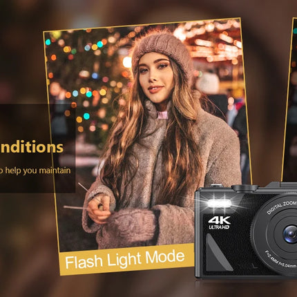 4K Digital Camera for Photography 64MP WiFi Video Camera for YouTube 18X Digital Zoom Auto-focus Vlog Cameras with Flip Screen