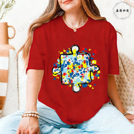 2026 Trendy Women's Autism Awareness T-shirts Creative Colorful Splatter Puzzle Graphic Female Clothing Short Sleeve Casual Tees