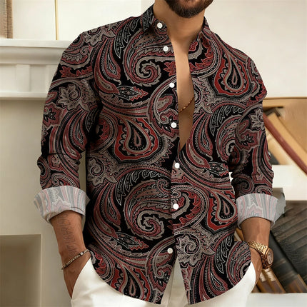 2026 New Men's Long-Sleeved Shirt with Paisley Cashew Pattern Print, Vintage, Comfortable, and Stylish Casual Men's Lapel Top