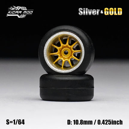 1/64 Model Car Gold and Silver Wheels with Fixed Rubber Tires Comes with Rivets for Diecast Model Refitting Parts for Hot Wheels
