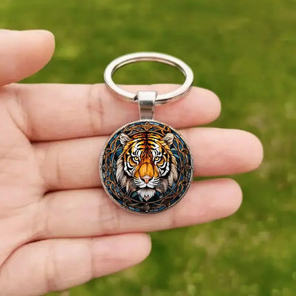 Stained Glass Style Tiger Head Round Keychain, Animal Pattern Glass Cabochon Metal Key Ring, Cool Wildlife Fashion Accessory Gift for Men