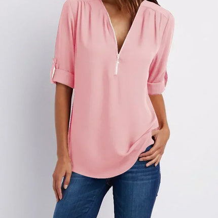 Summer Women Cool Loose Shirt Deep V Neck Chiffon Blouse Casual Ladies Tops Sexy Zipper Pullover Plus Size Long Sleeve Fashion