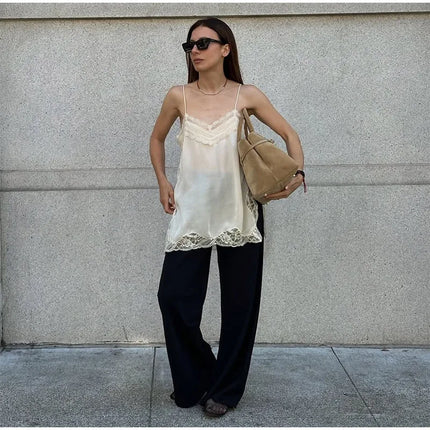 Women Lace Patchwork Sling Top Sexy V-neck Sleeveless Side Split Solid Color Vest 2025 New Summer Lady Party Vacation Tops