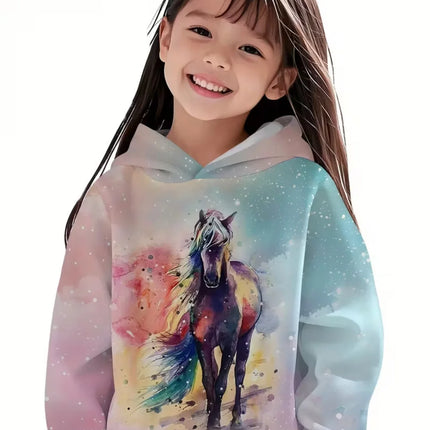 Cool Horse Girl Clothes Animals 3D Print Autumn Long Sleeve Hoodies Loose Lightweight Sweatshirt Comfortable Children's Clothing