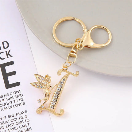 A-Z Rhinestone Elf Girl Letter Keychain Gold Color Initial Name Keyrings Girls Car Key Holder Handbag Purse Charms Decoration
