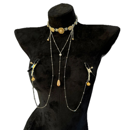 Body Chain Nipple Clamp Collar with Integrated Nipple Rings with Bells for Nipple Massage SM Stimulation Female Body Decoration
