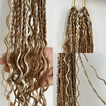 Synthetic Goddess Box Braid Crochet Hair 24" Honey Blonde Boho Bohemian Pre-looped Platinum Blonde Braiding Hair with Curly Ends