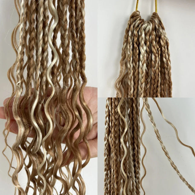Synthetic Goddess Box Braid Crochet Hair 24" Honey Blonde Boho Bohemian Pre-looped Platinum Blonde Braiding Hair with Curly Ends