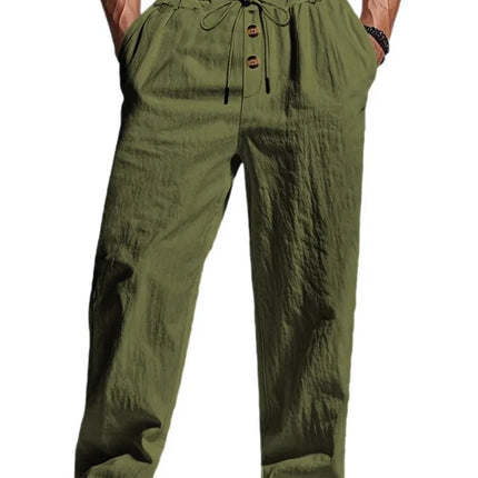 Cotton Linen Men's Lightweight Long Pants Summer Solid Breathable Loose Trousers Male Elastic Waist Casual Harajuku Trousers